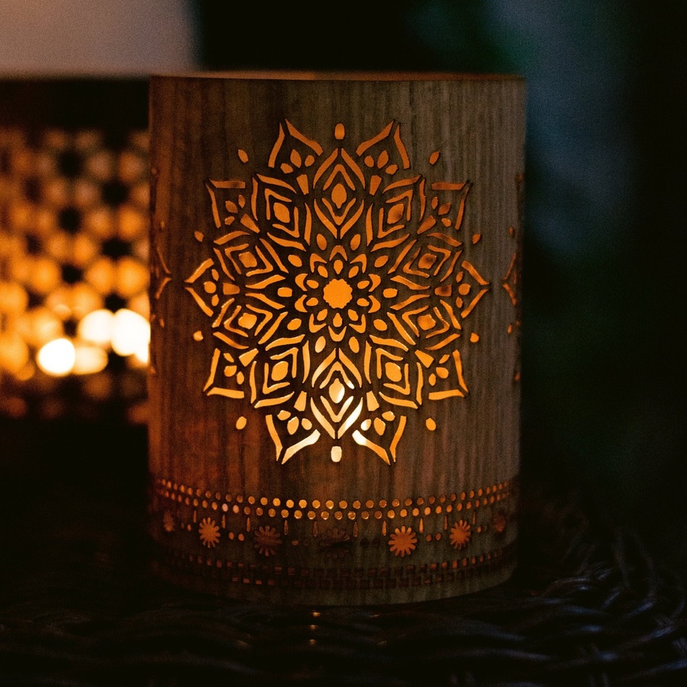 Elegant Wood and Glass Mandala Candle Holder